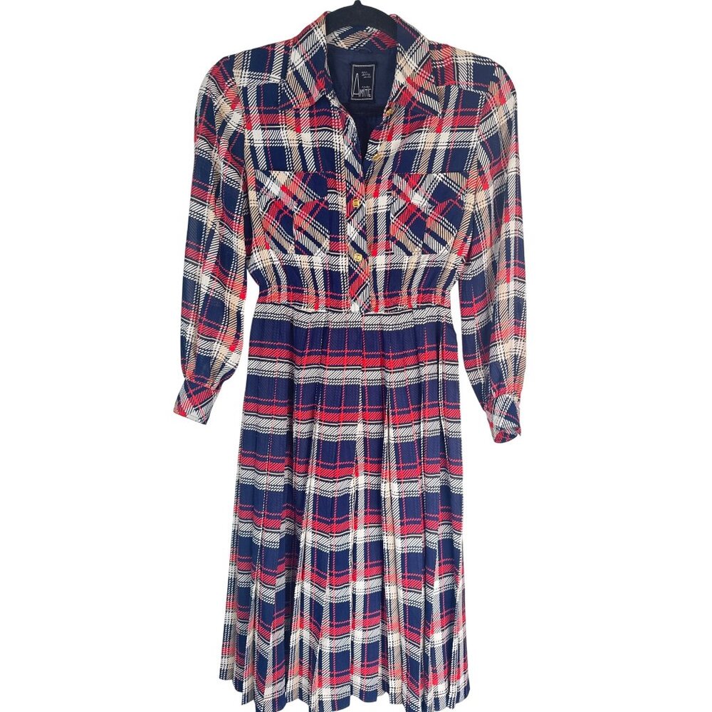 2/$30 Medium Vintage Azabu Amic Plaid Midi Accordion Pleated Dress